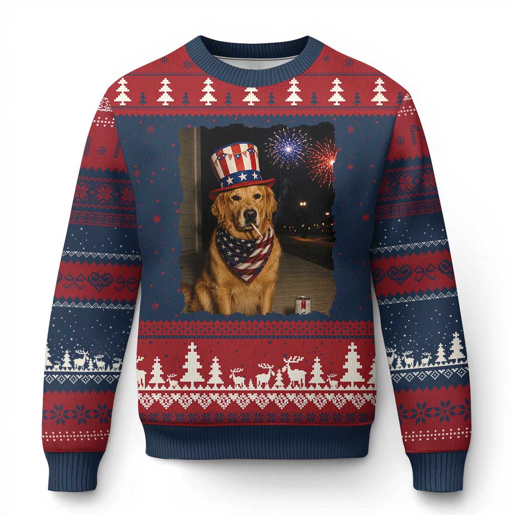 Patriotic Smoking Golden Retriever Ugly Christmas Sweater Funny Dog Lover Dad 4th Of July TS14 Navy Red Print Your Wear