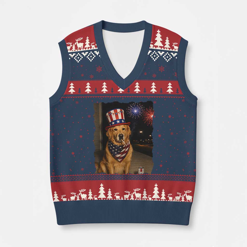Patriotic Smoking Golden Retriever V-Neck Knit Sweater Vest Funny Dog Lover Dad 4th Of July