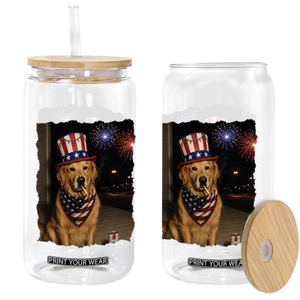 Patriotic Smoking Golden Retriever Glass Can Funny Dog Lover Dad 4th Of July