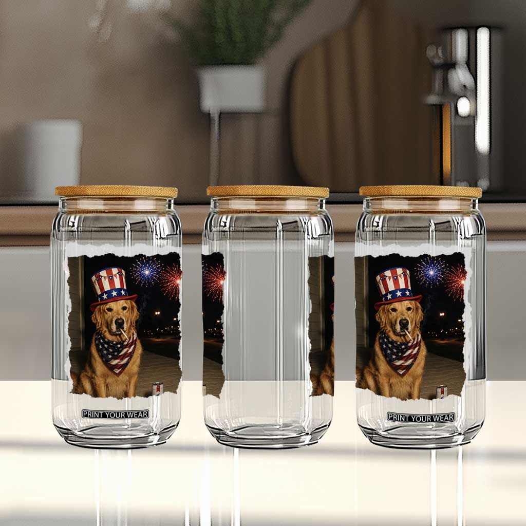 Patriotic Smoking Golden Retriever Glass Can Funny Dog Lover Dad 4th Of July