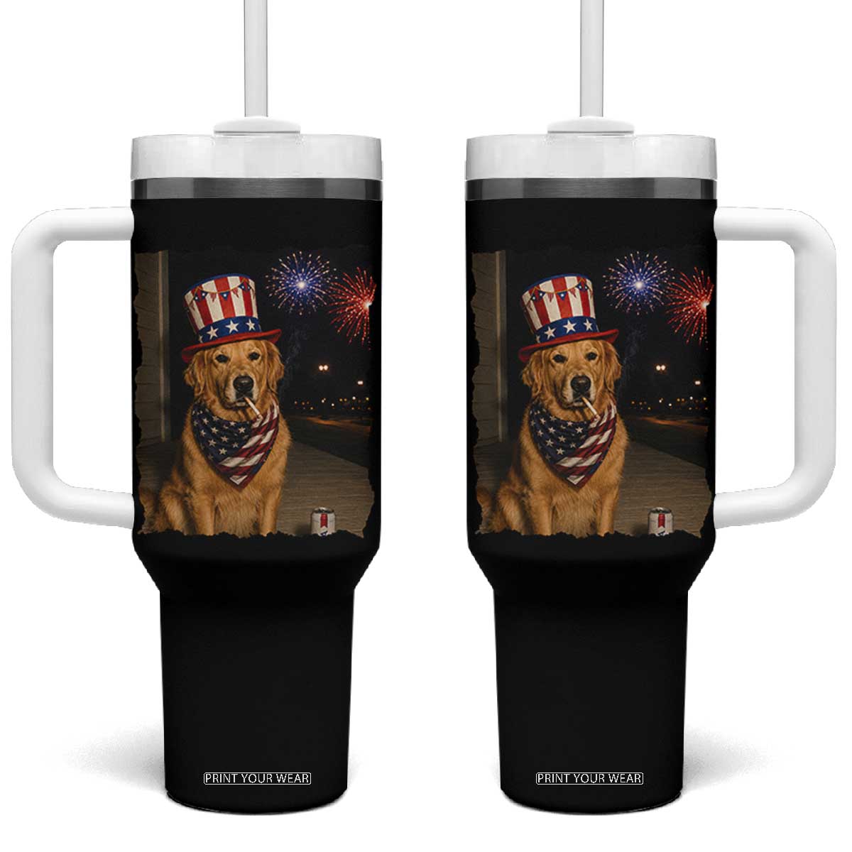 Patriotic Smoking Golden Retriever Tumbler With Handle Funny Dog Lover Dad 4th Of July TS14 One Size: 40 oz Black Print Your Wear