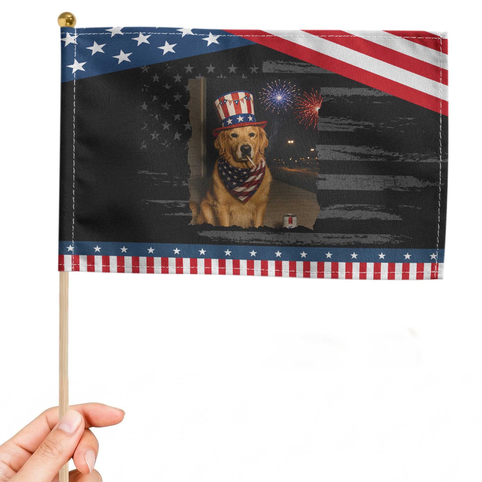 Smoking Golden Retriever Patriotic Handheld Flag Funny Dog Lover Dad 4th Of July TS14 Distressed 8.2