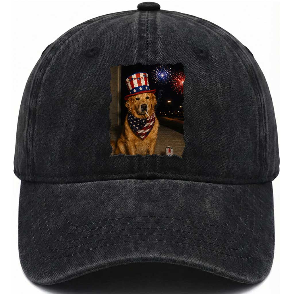 Patriotic Smoking Golden Retriever Washed Cotton Baseball Cap Funny Dog Lover Dad 4th Of July TS14 Print Your Wear
