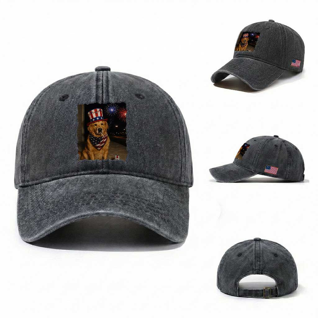 Patriotic Smoking Golden Retriever Washed Cotton Baseball Cap Funny Dog Lover Dad 4th Of July