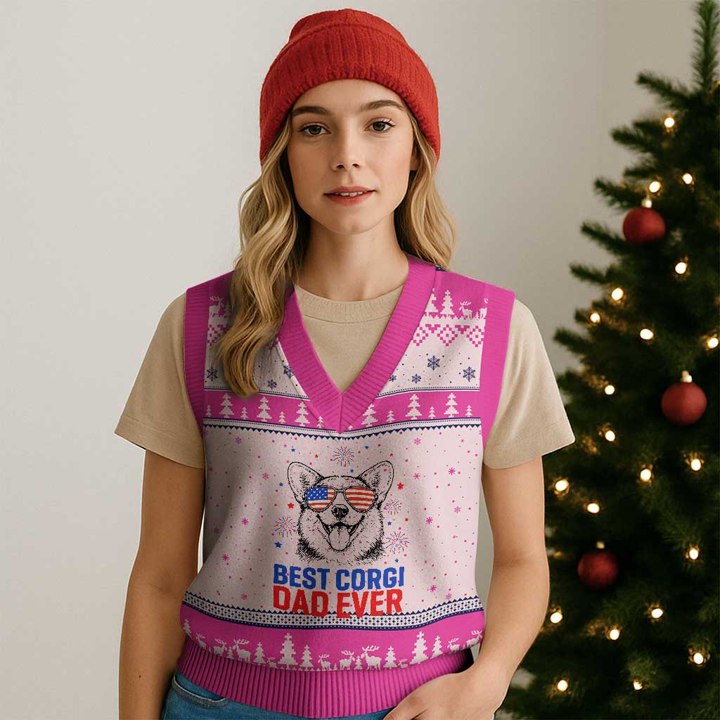 Best Corgi Dad Ever V-Neck Knit Sweater Vest Funny Dog Lover Dad 4th Of July