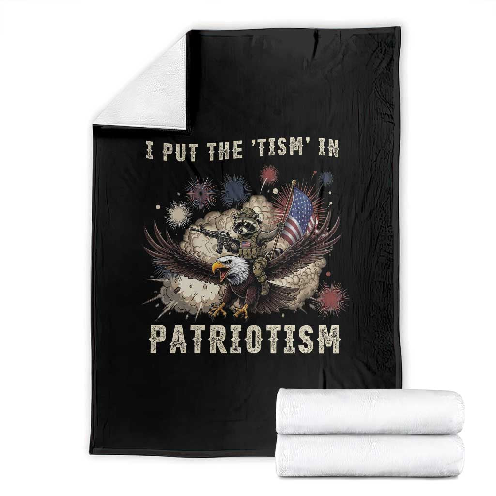 I Put The Tism in Patriotism Throw Blanket Retro Eagle Raccoon USA Flag