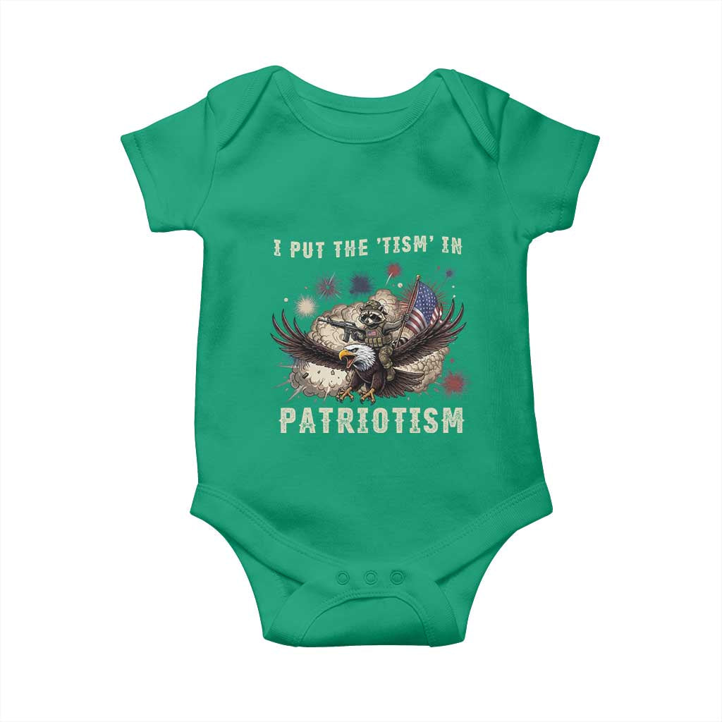 I Put The Tism in Patriotism Baby Onesie Retro Eagle Raccoon USA Flag