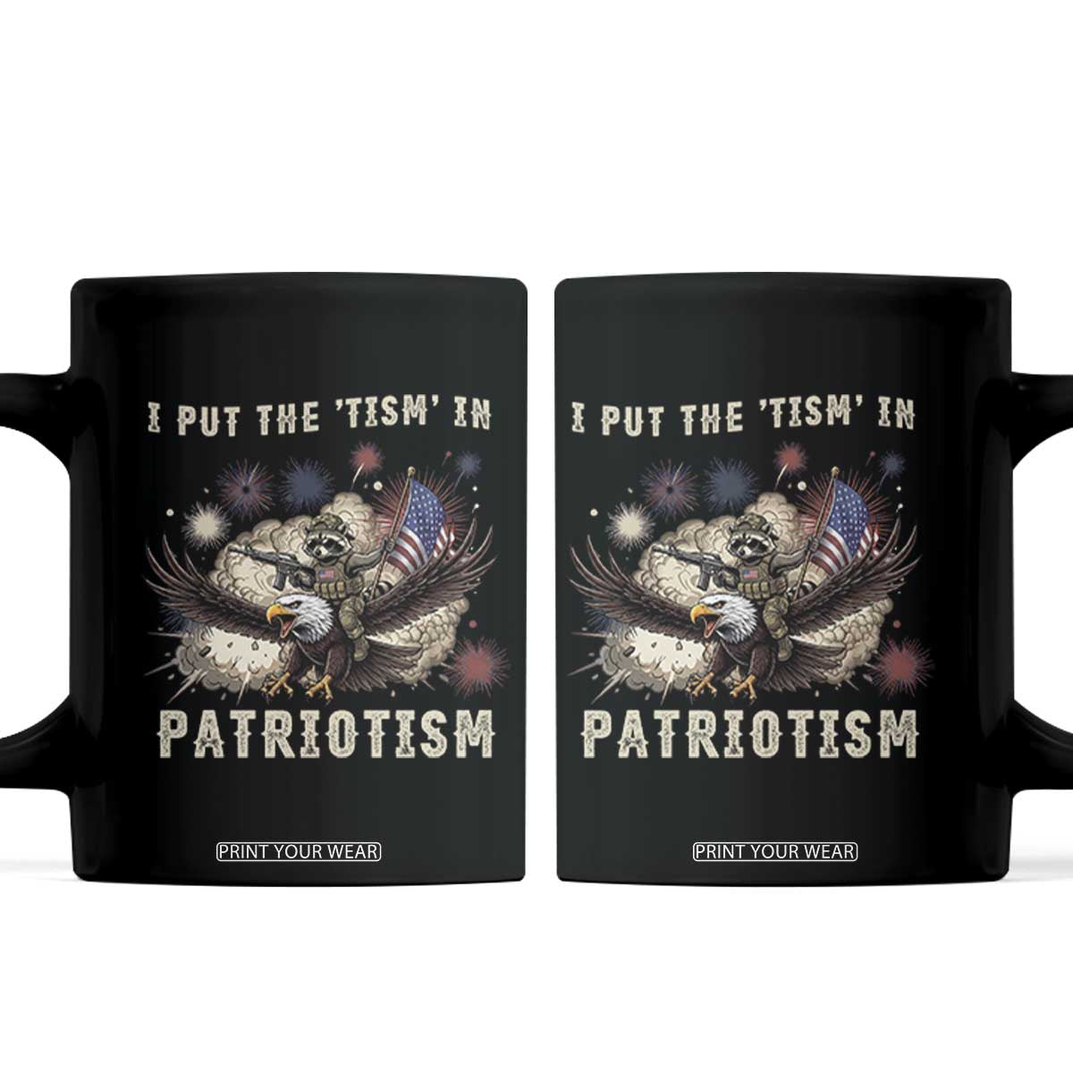 I Put The Tism in Patriotism Coffee Mug Retro Eagle Raccoon USA Flag