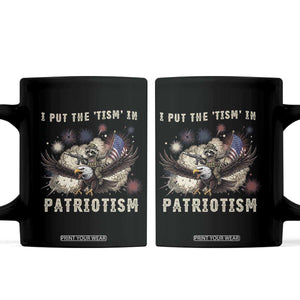 I Put The Tism in Patriotism Coffee Mug Retro Eagle Raccoon USA Flag