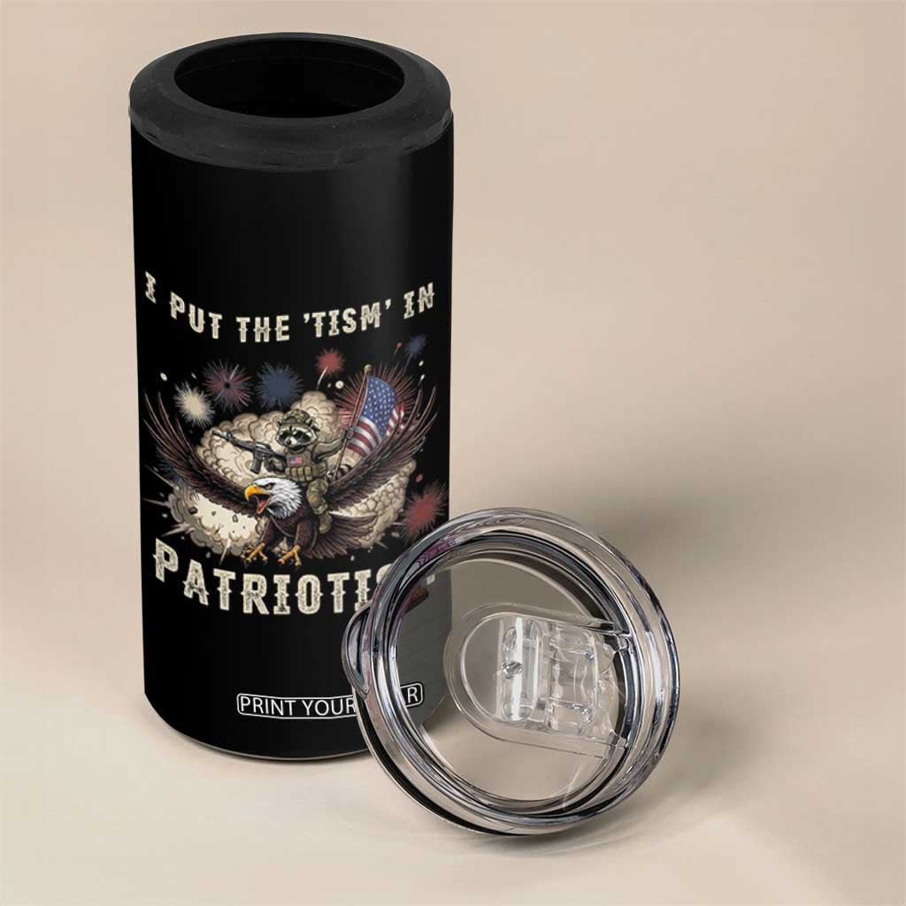 I Put The Tism in Patriotism 4 in 1 Can Cooler Tumbler Retro Eagle Raccoon USA Flag
