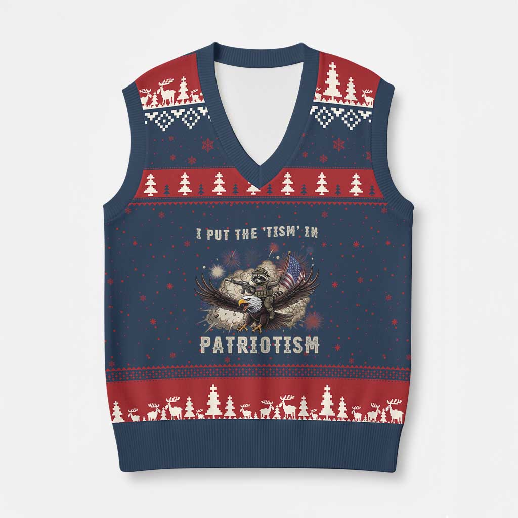 I Put The Tism in Patriotism V-Neck Knit Sweater Vest Retro Eagle Raccoon USA Flag TS14 Navy Red Print Your Wear