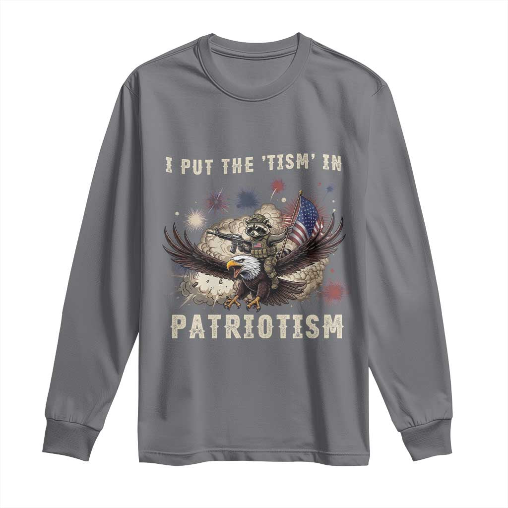 I Put The Tism in Patriotism Long Sleeve Shirt Retro Eagle Raccoon USA Flag