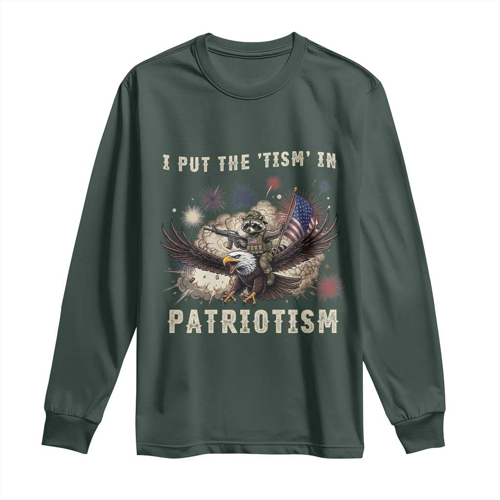 I Put The Tism in Patriotism Long Sleeve Shirt Retro Eagle Raccoon USA Flag