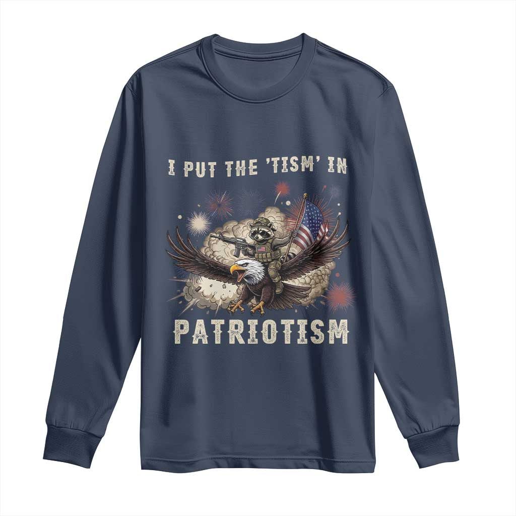 I Put The Tism in Patriotism Long Sleeve Shirt Retro Eagle Raccoon USA Flag