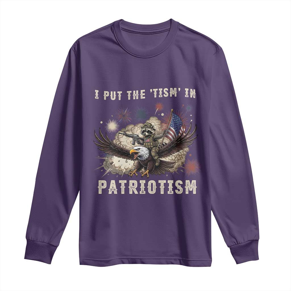 I Put The Tism in Patriotism Long Sleeve Shirt Retro Eagle Raccoon USA Flag