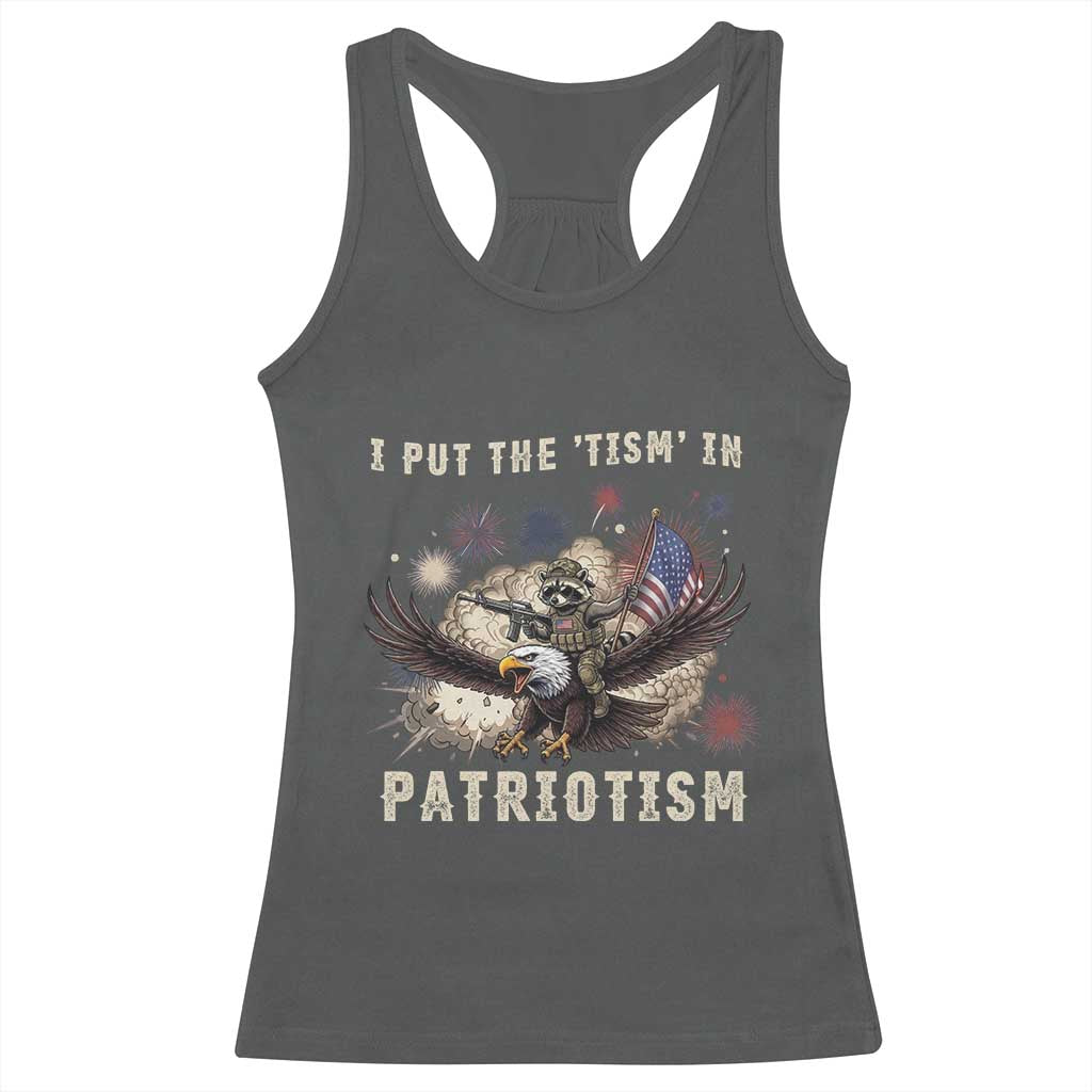 I Put The Tism in Patriotism Racerback Tank Top Retro Eagle Raccoon USA Flag