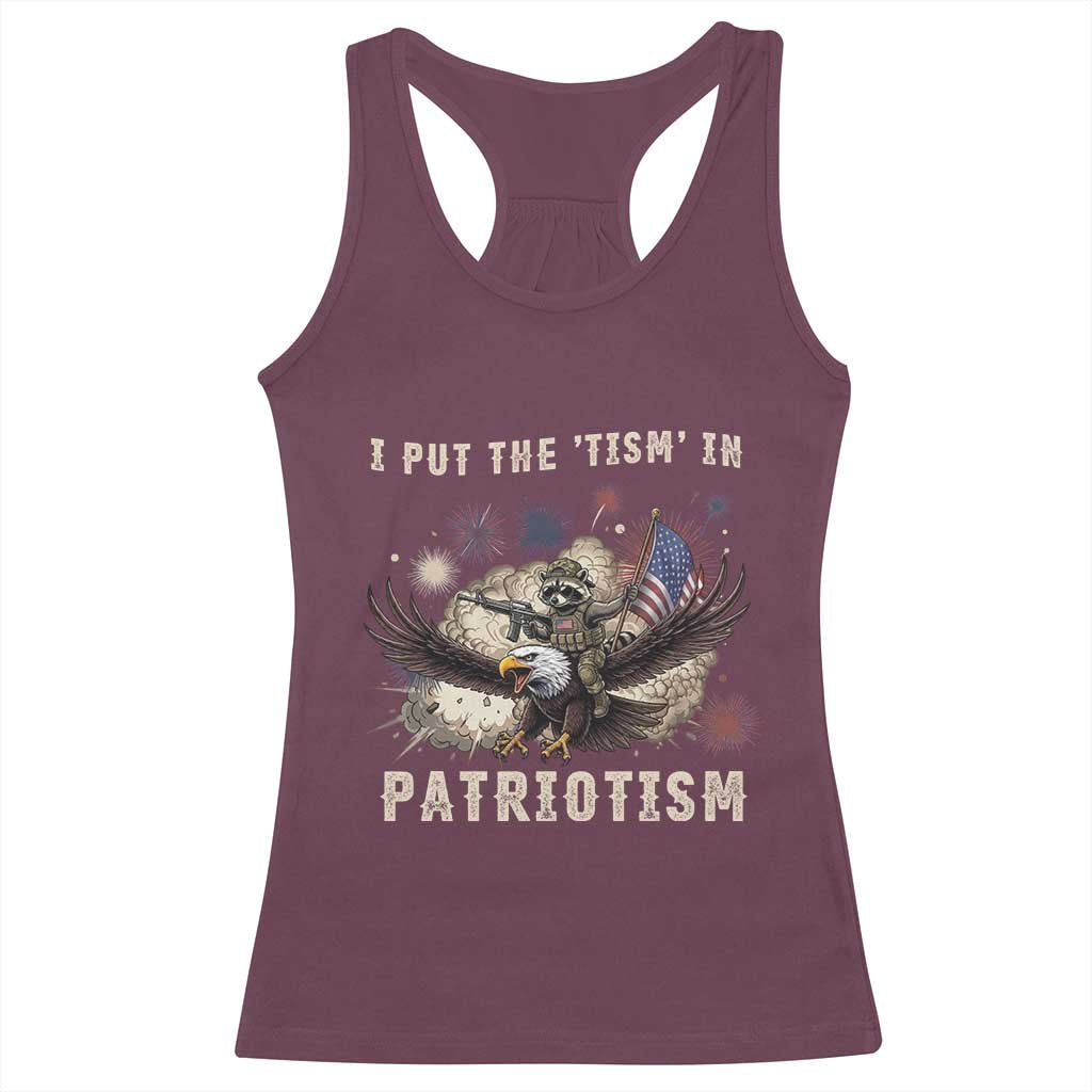 I Put The Tism in Patriotism Racerback Tank Top Retro Eagle Raccoon USA Flag