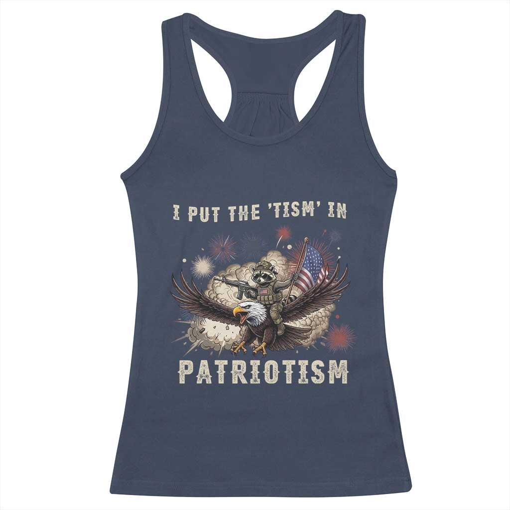 I Put The Tism in Patriotism Racerback Tank Top Retro Eagle Raccoon USA Flag