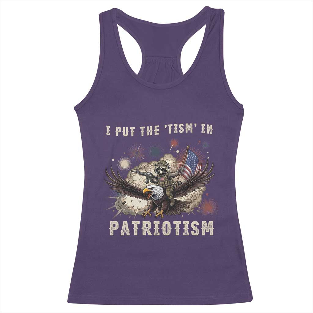 I Put The Tism in Patriotism Racerback Tank Top Retro Eagle Raccoon USA Flag