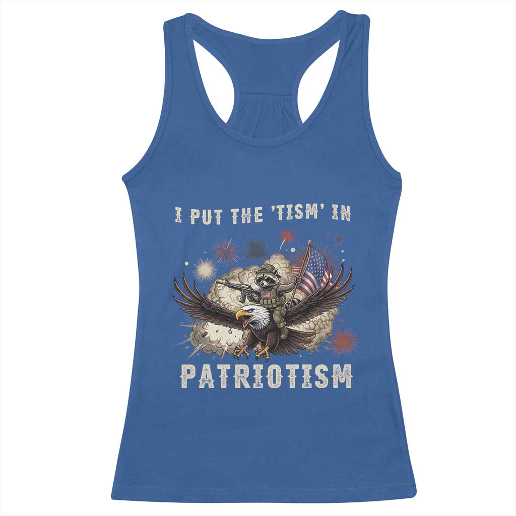 I Put The Tism in Patriotism Racerback Tank Top Retro Eagle Raccoon USA Flag