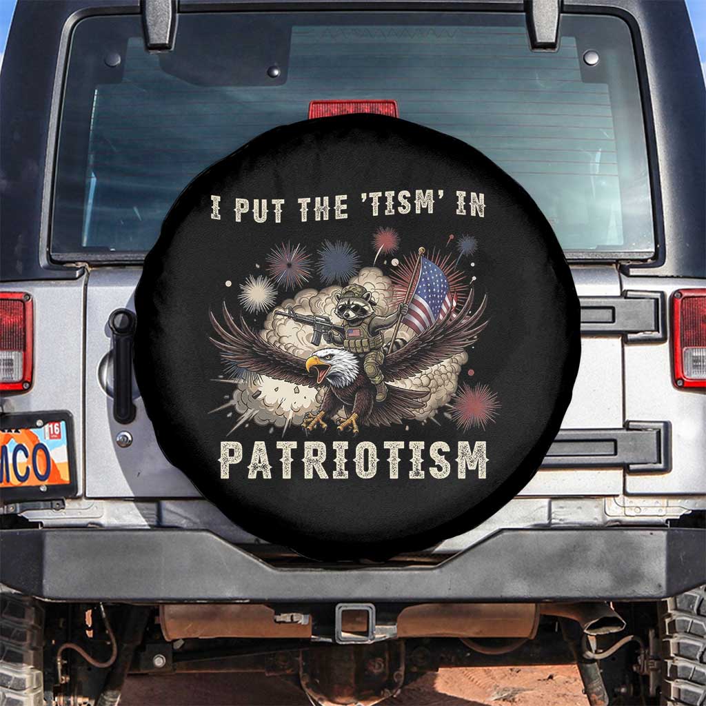 I Put The Tism in Patriotism Spare Tire Cover Retro Eagle Raccoon USA Flag