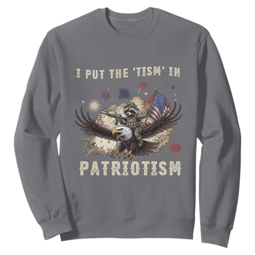 I Put The Tism in Patriotism Sweatshirt Retro Eagle Raccoon USA Flag