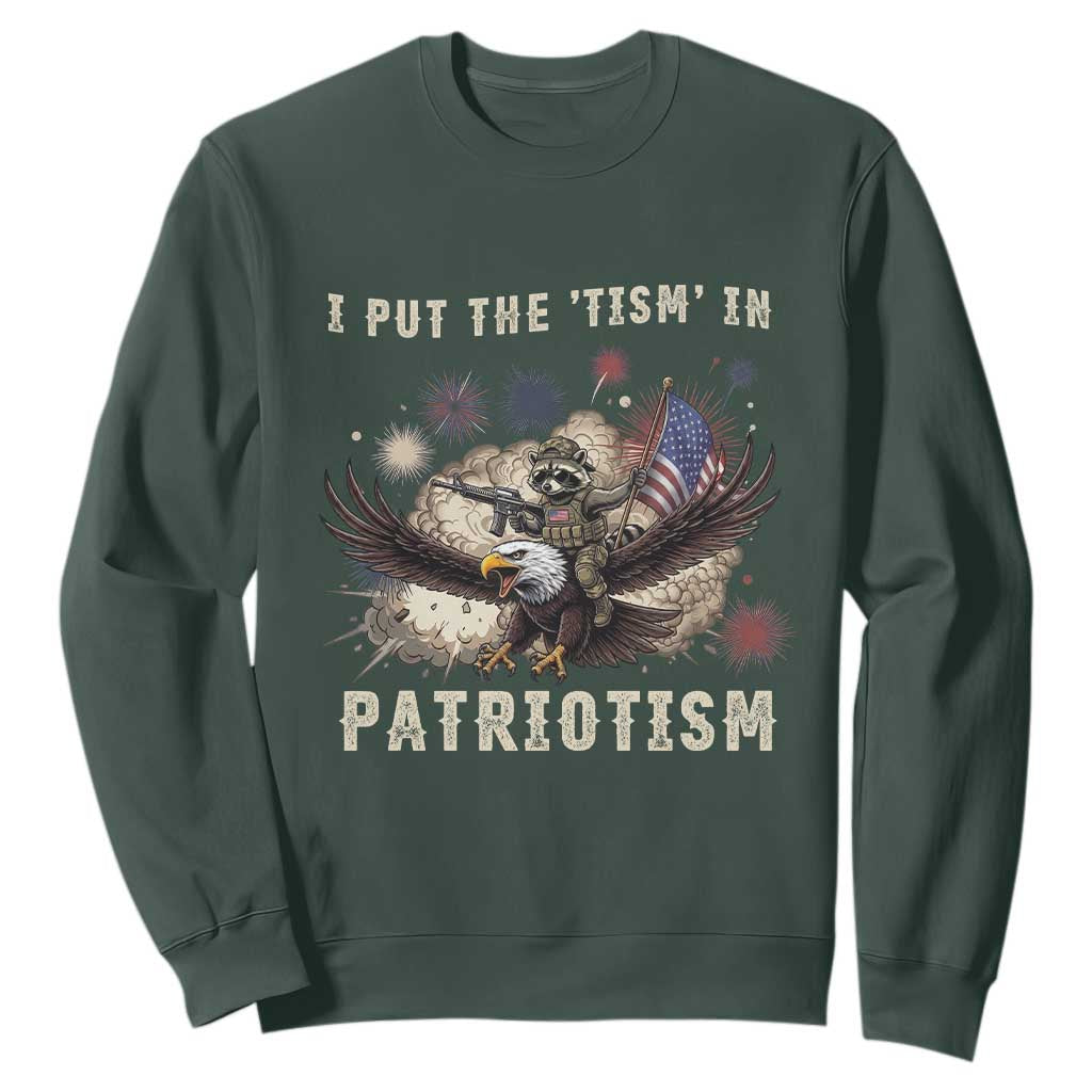 I Put The Tism in Patriotism Sweatshirt Retro Eagle Raccoon USA Flag