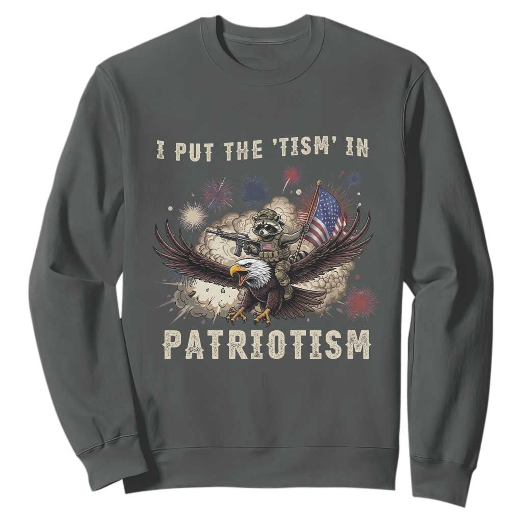 I Put The Tism in Patriotism Sweatshirt Retro Eagle Raccoon USA Flag