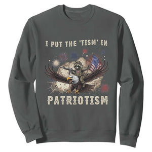 I Put The Tism in Patriotism Sweatshirt Retro Eagle Raccoon USA Flag