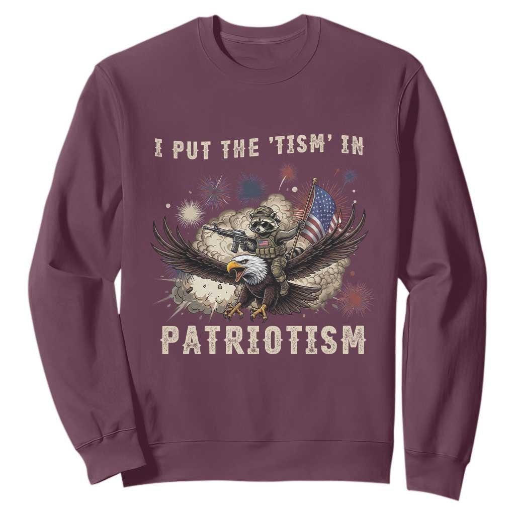 I Put The Tism in Patriotism Sweatshirt Retro Eagle Raccoon USA Flag