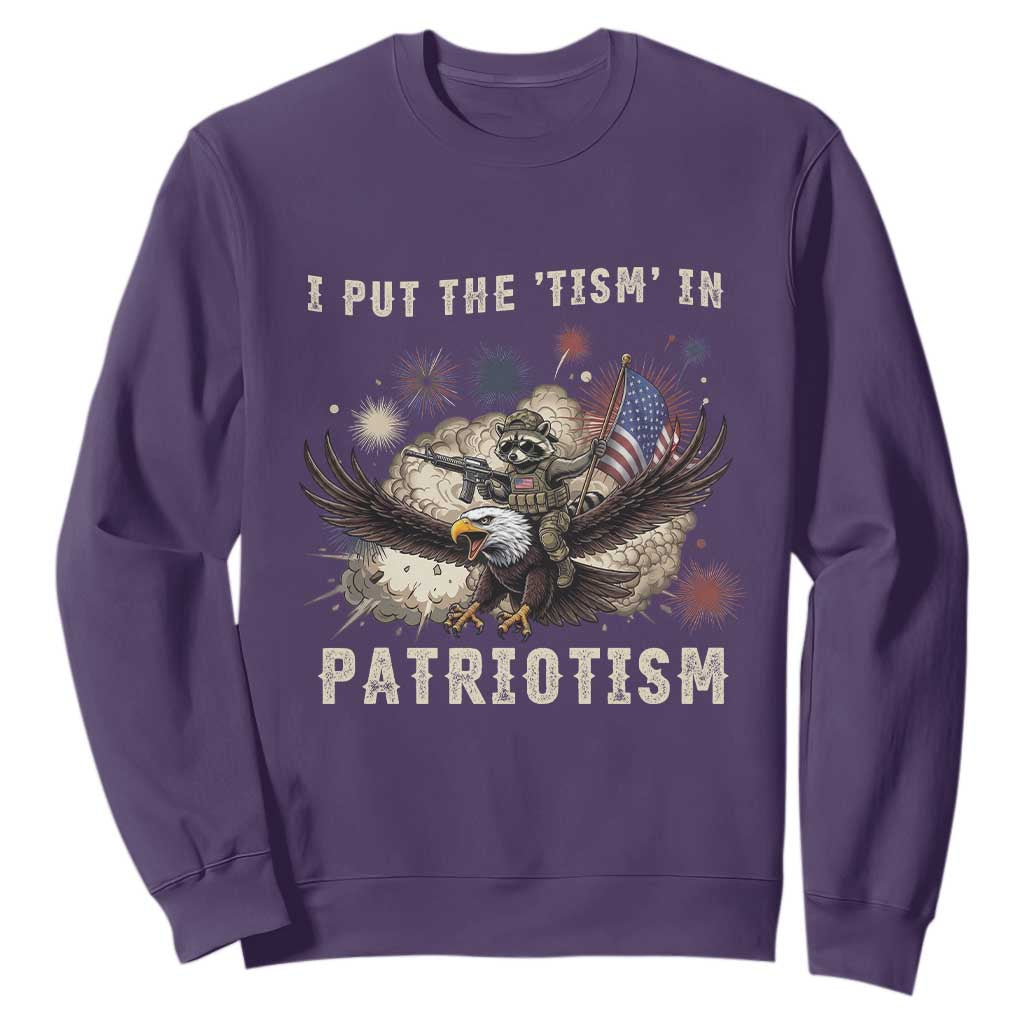 I Put The Tism in Patriotism Sweatshirt Retro Eagle Raccoon USA Flag