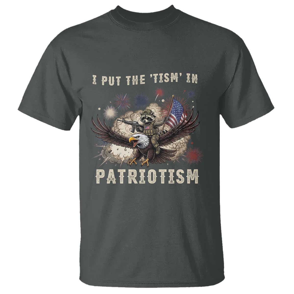 I Put The Tism in Patriotism T Shirt Retro Eagle Raccoon USA Flag
