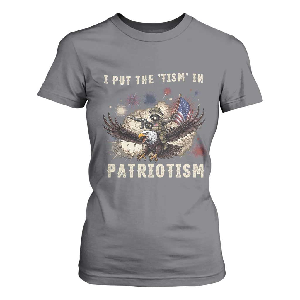 I Put The Tism in Patriotism T Shirt For Women Retro Eagle Raccoon USA Flag