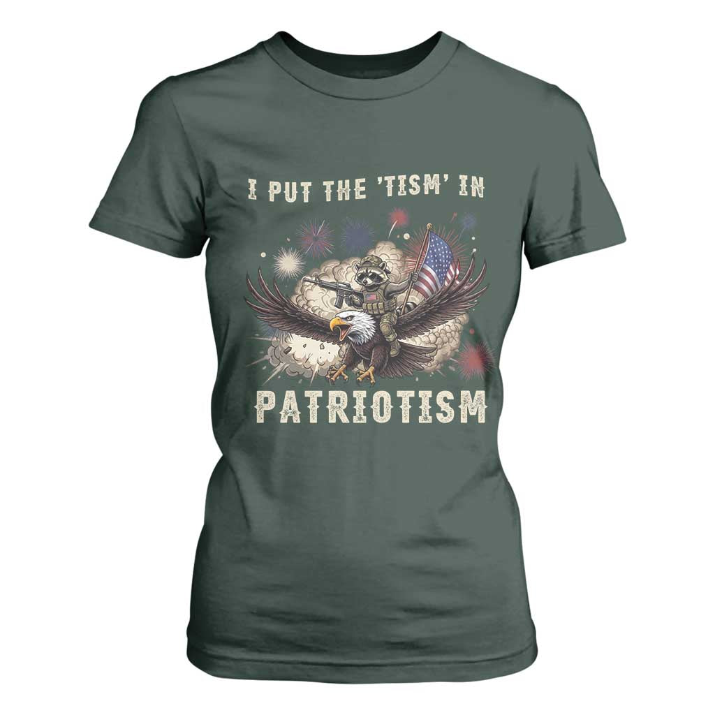 I Put The Tism in Patriotism T Shirt For Women Retro Eagle Raccoon USA Flag