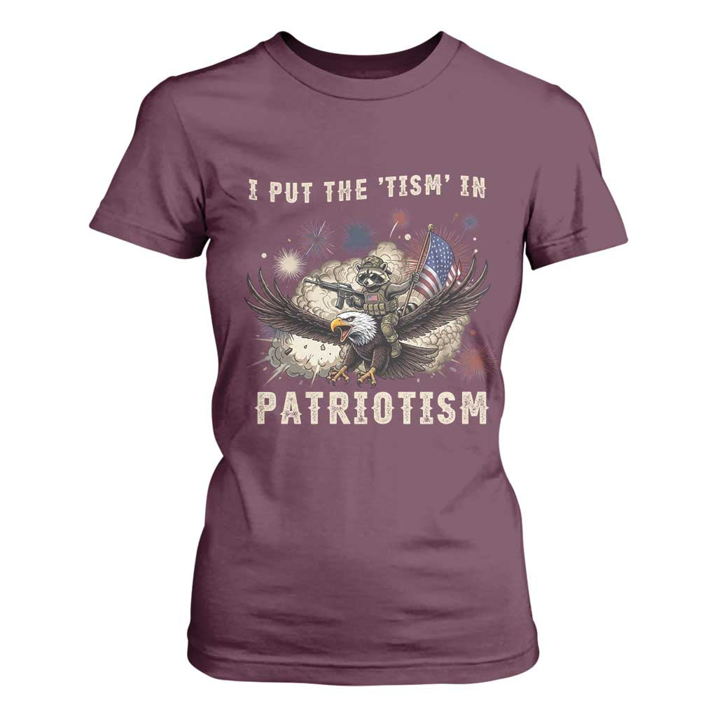 I Put The Tism in Patriotism T Shirt For Women Retro Eagle Raccoon USA Flag