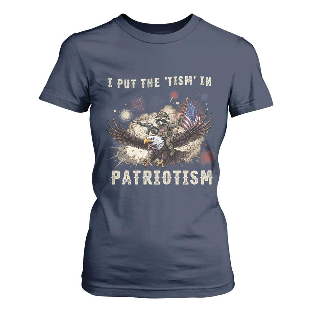 I Put The Tism in Patriotism T Shirt For Women Retro Eagle Raccoon USA Flag
