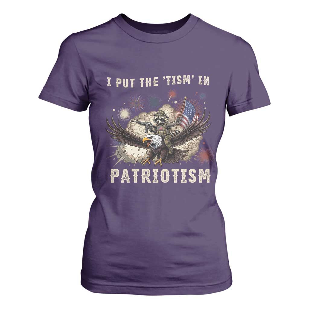 I Put The Tism in Patriotism T Shirt For Women Retro Eagle Raccoon USA Flag
