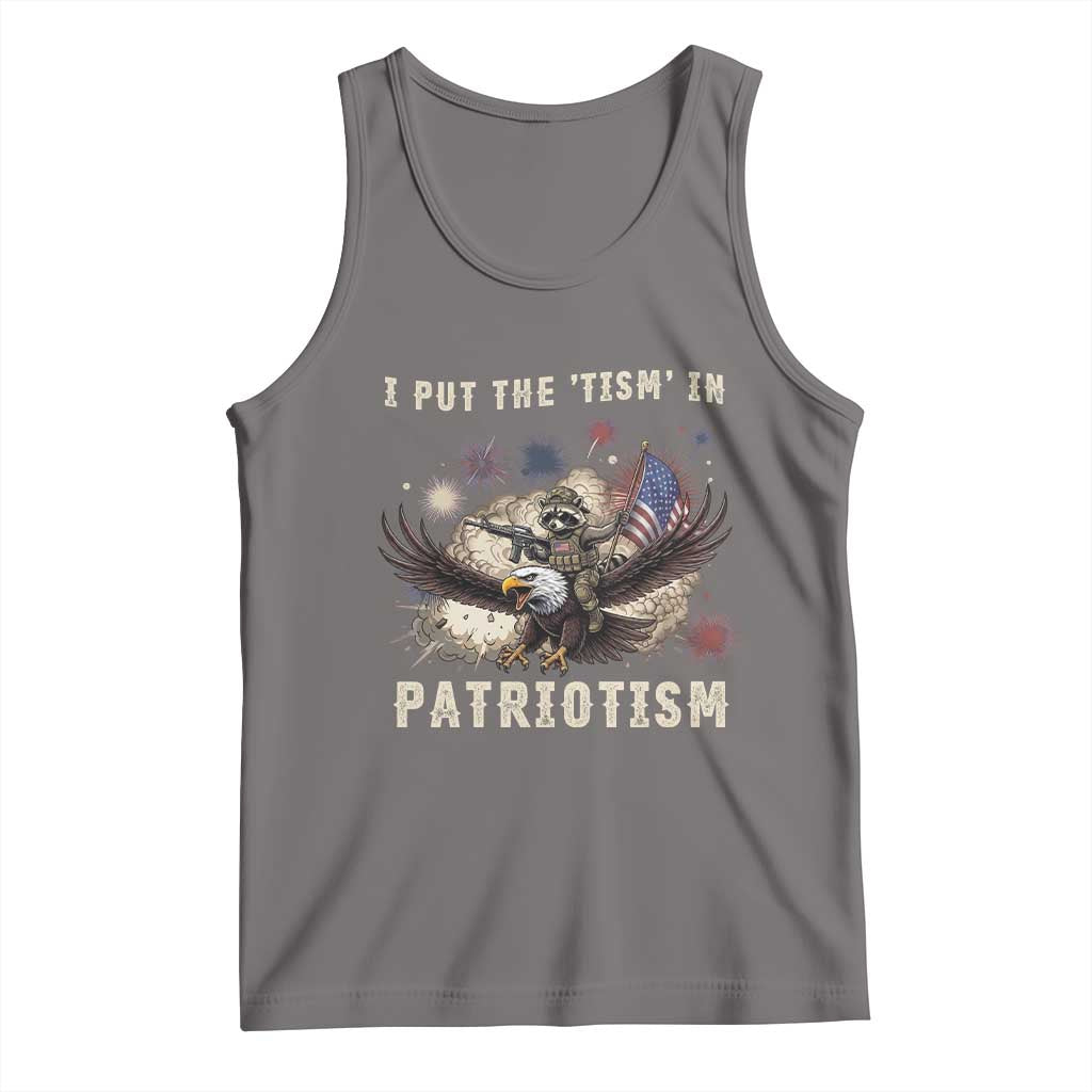 I Put The Tism in Patriotism Tank Top Retro Eagle Raccoon USA Flag