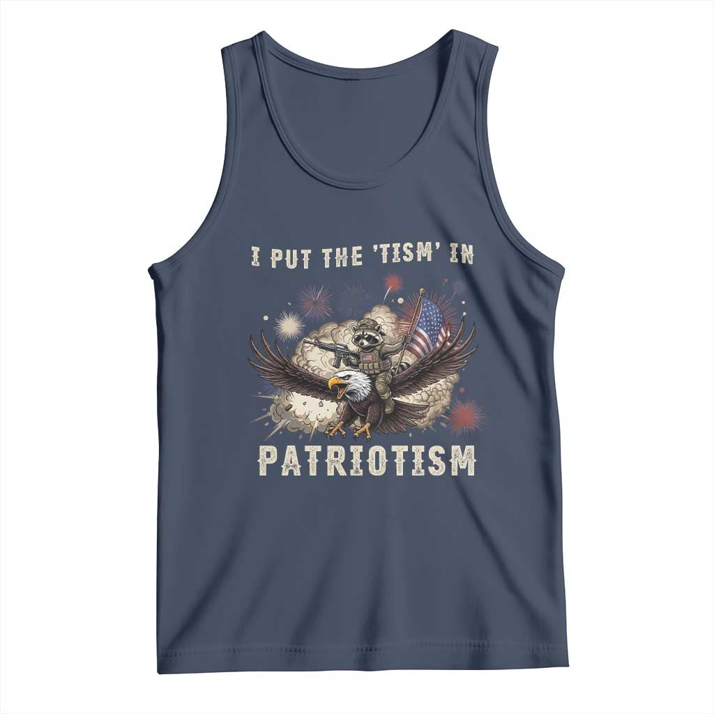 I Put The Tism in Patriotism Tank Top Retro Eagle Raccoon USA Flag