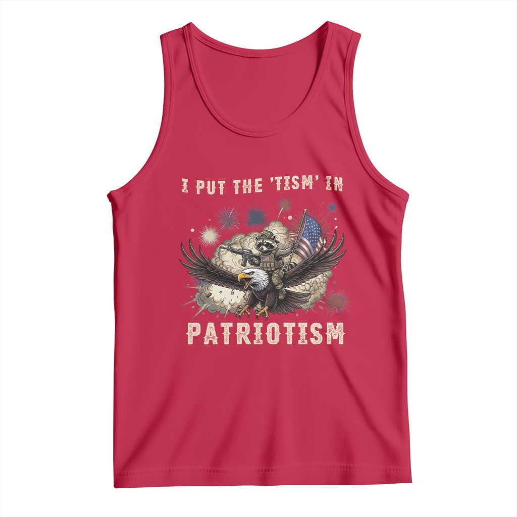 I Put The Tism in Patriotism Tank Top Retro Eagle Raccoon USA Flag