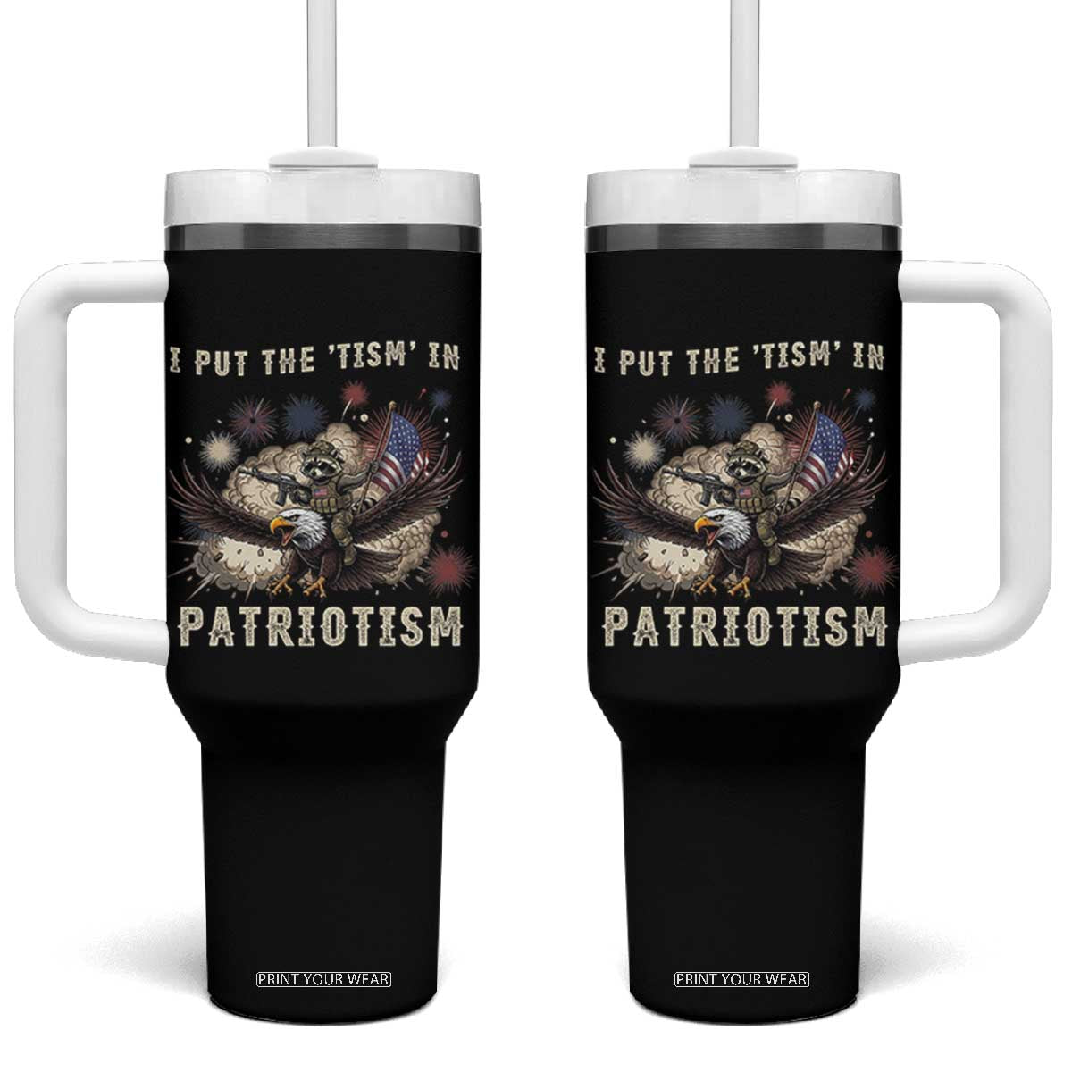 I Put The Tism in Patriotism Tumbler With Handle Retro Eagle Raccoon USA Flag