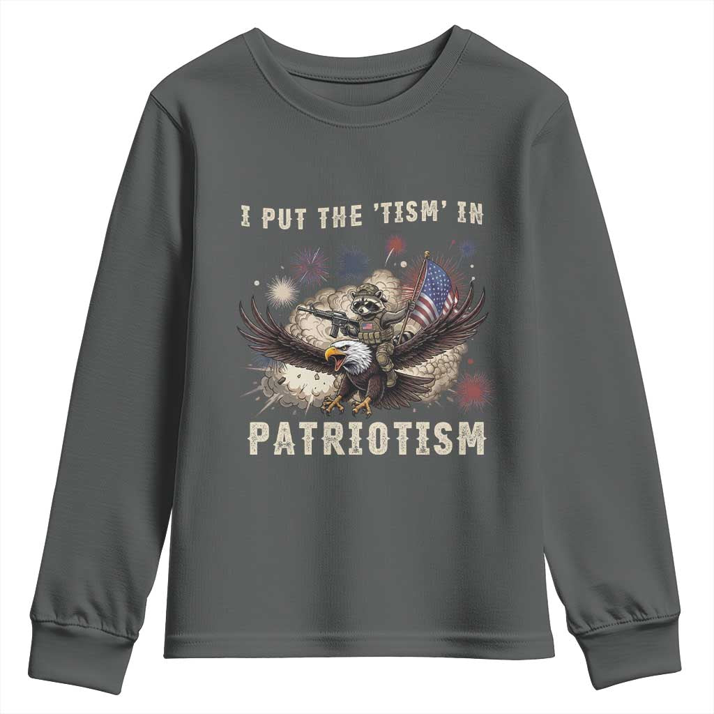 I Put The Tism in Patriotism Youth Sweatshirt Retro Eagle Raccoon USA Flag