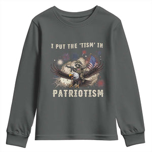 I Put The Tism in Patriotism Youth Sweatshirt Retro Eagle Raccoon USA Flag