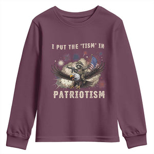 I Put The Tism in Patriotism Youth Sweatshirt Retro Eagle Raccoon USA Flag