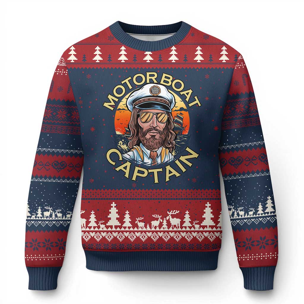 Funny Pontoon Boating Motor Boatin Lake Ugly Christmas Sweater Motor Boat Captain TS14 Navy Red Print Your Wear