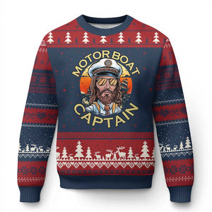 Funny Pontoon Boating Motor Boatin Lake Ugly Christmas Sweater Motor Boat Captain TS14 Navy Red Print Your Wear