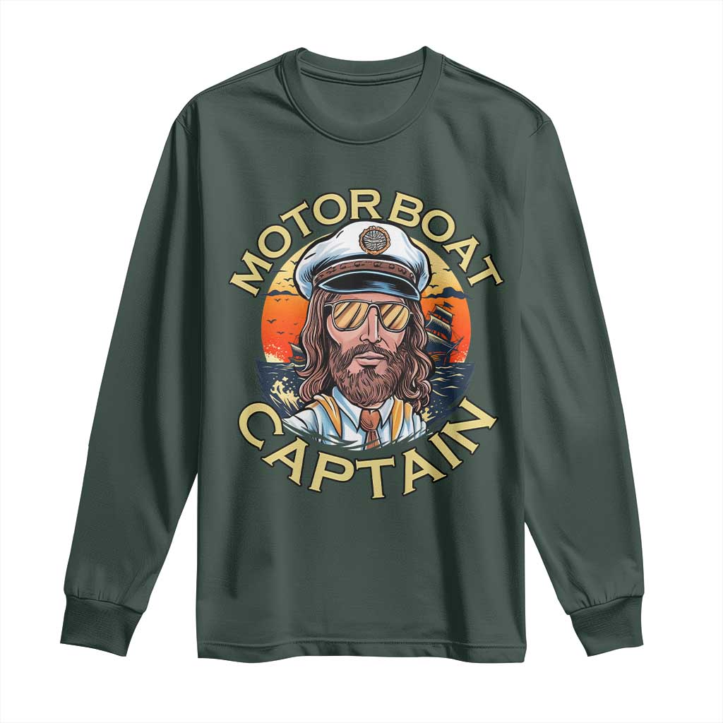 Funny Pontoon Boating Motor Boatin Lake Long Sleeve Shirt Motor Boat Captain TS14 Dark Forest Green Print Your Wear