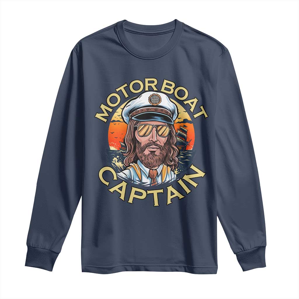 Funny Pontoon Boating Motor Boatin Lake Long Sleeve Shirt Motor Boat Captain TS14 Navy Print Your Wear