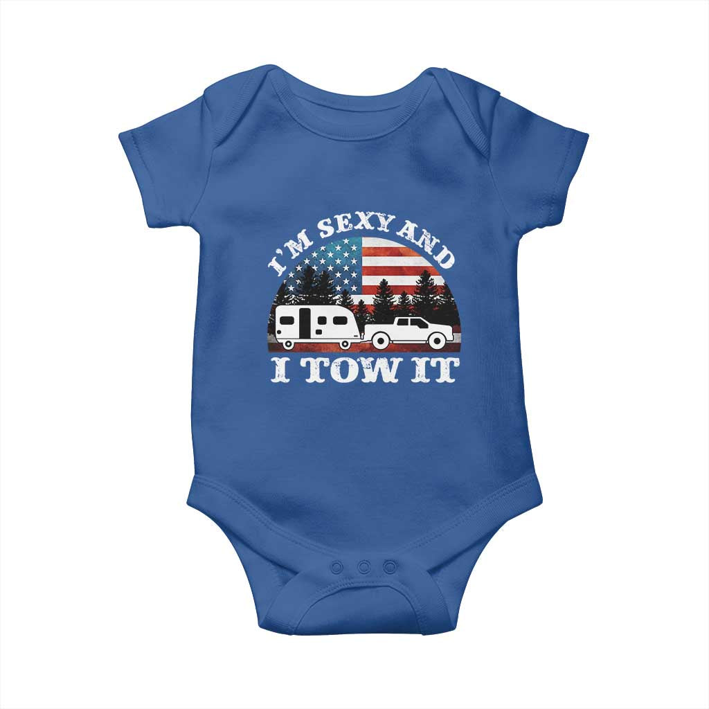 Funny Camping RV Camper Truck Baby Onesie I Am Sexy And I Tow It TS14 Royal Blue Print Your Wear