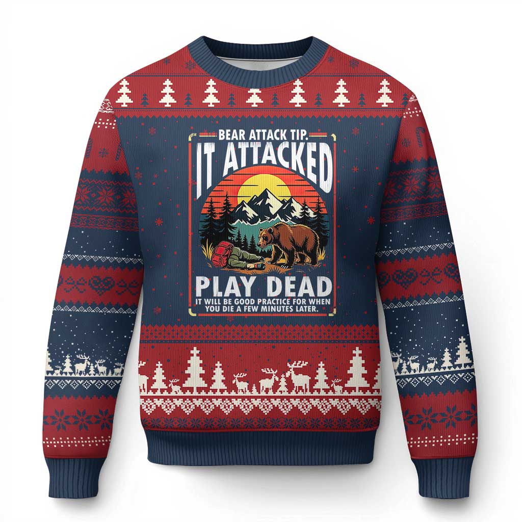 Funny Camping Hiking Sarcastic Ugly Christmas Sweater Bear Attack Tip TS14 Navy Red Print Your Wear
